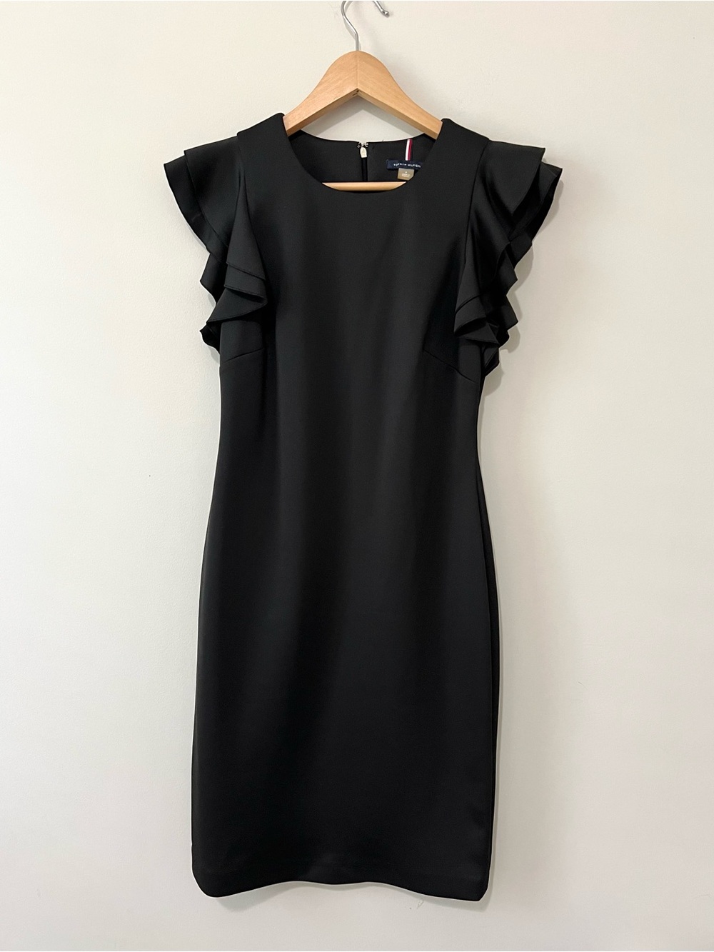 Tommy Hilfiger Black Scuba Sheath Dress Flutter Ruffle Sleeve Work Wedding LBD 6